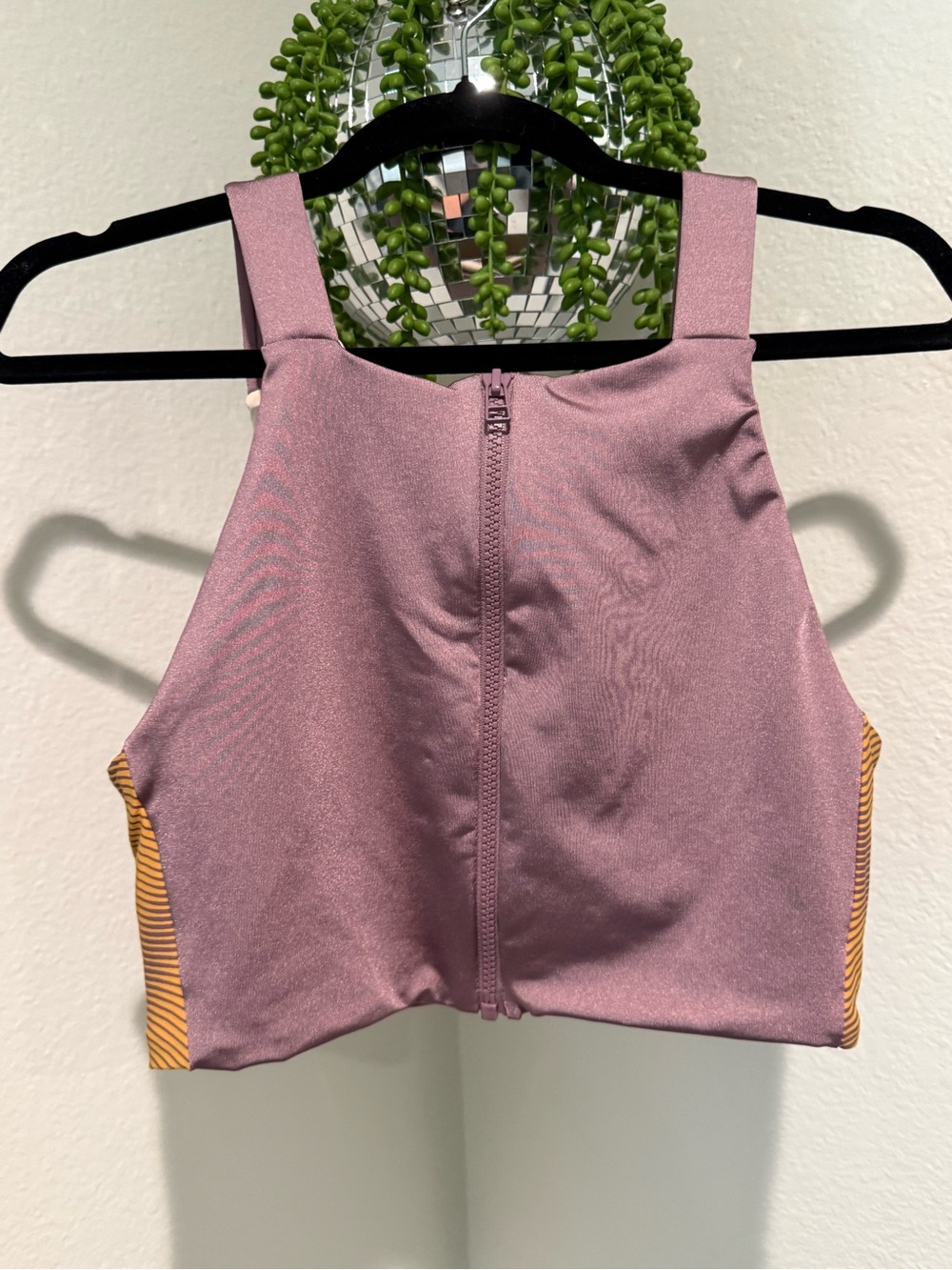 Square-Zip Crop Top in Dusty Rose with Mustard Side Stripes
